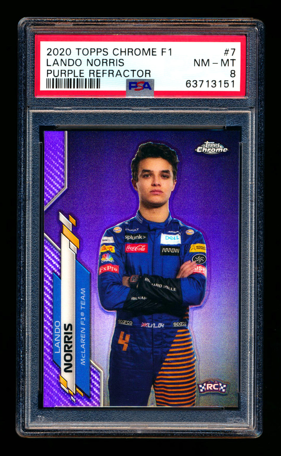 2020 Topps Chrome F1 #7 Lando Norris RC Purple Refractor Portrait #148/399 PSA 8