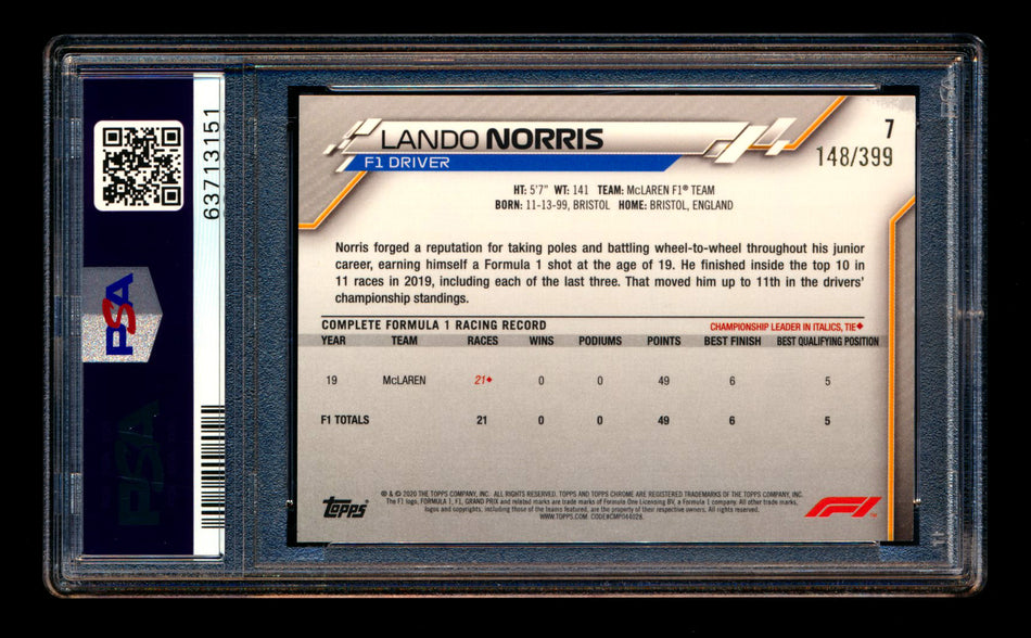 2020 Topps Chrome F1 #7 Lando Norris RC Purple Refractor Portrait #148/399 PSA 8