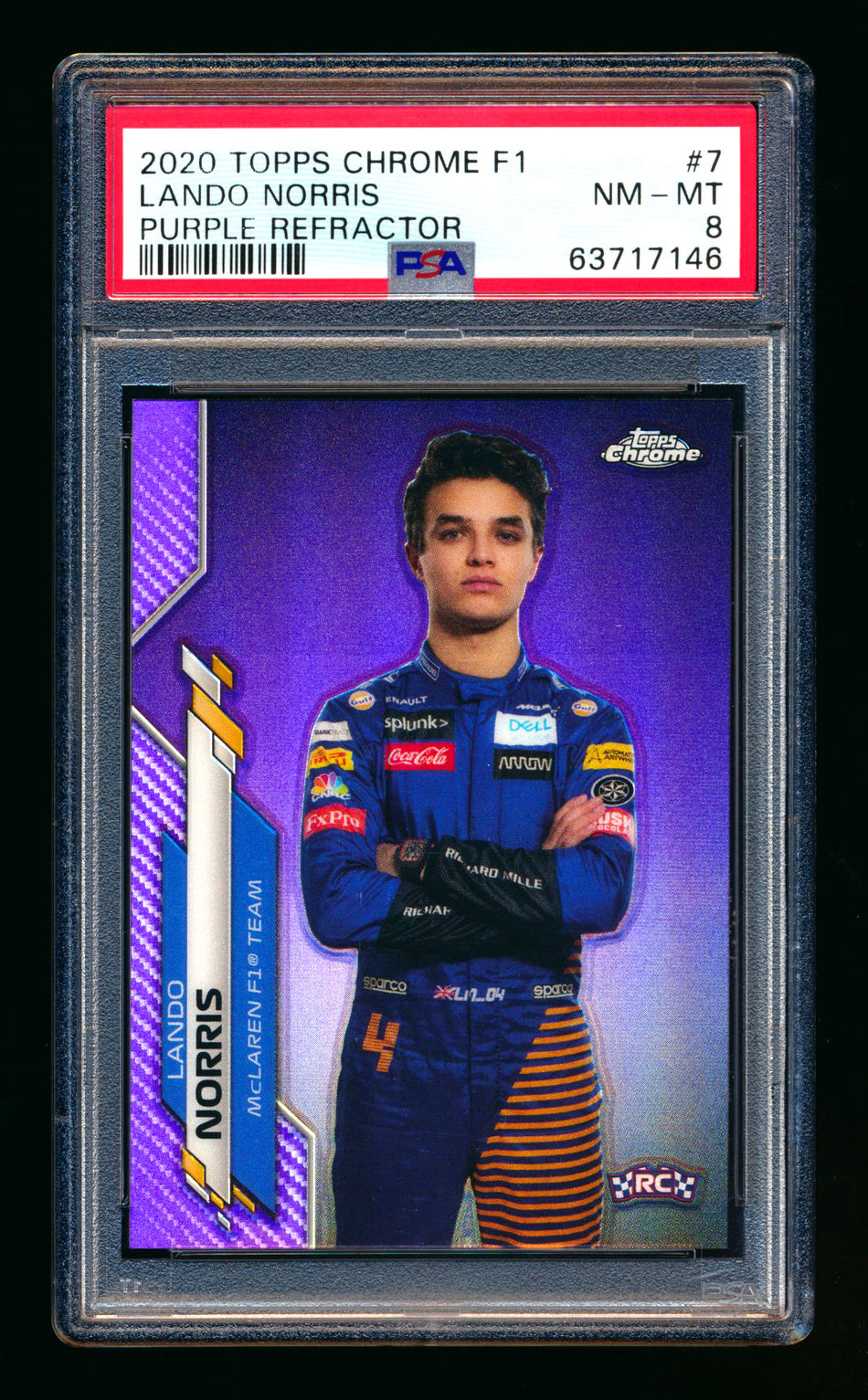 2020 Topps Chrome F1 #7 Lando Norris RC Purple Refractor Portrait #048/399 PSA 8 ** (SOLD eBay - $130.00 - 3/17/2025) **