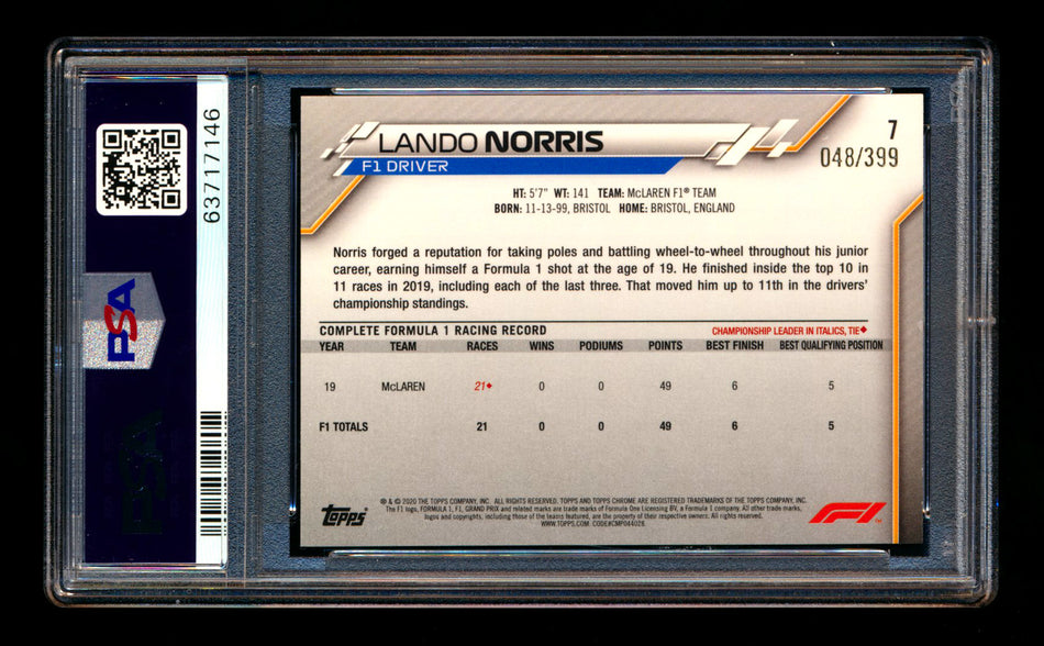 2020 Topps Chrome F1 #7 Lando Norris RC Purple Refractor Portrait #048/399 PSA 8 ** (SOLD eBay - $130.00 - 3/17/2025) **