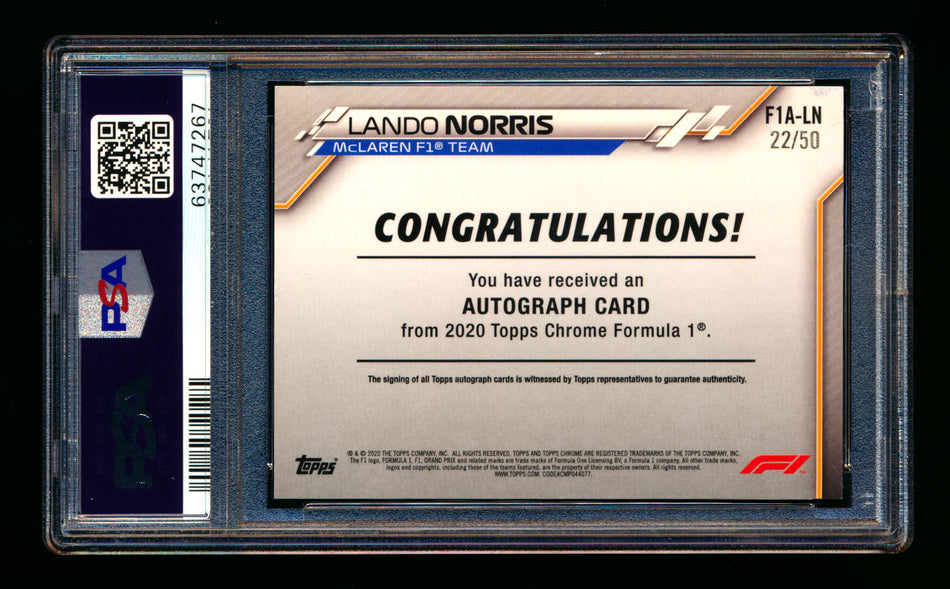 2020 Topps Chrome F1 #F1A-LN Lando Norris RC Gold Refractor Autograph #22/50 PSA 8 ** (SOLD Nationals - $2500.00 - 8/1/2025) **