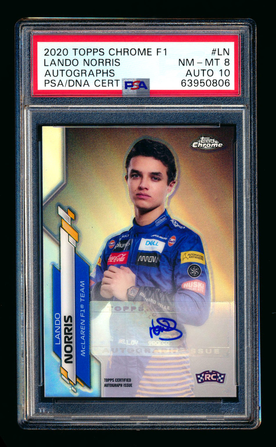 2020 Topps Chrome F1 #F1A-LN Lando Norris RC Refractor Autograph #46/74 PSA 8 DNA 10