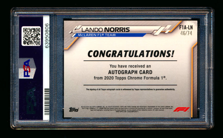 2020 Topps Chrome F1 #F1A-LN Lando Norris RC Refractor Autograph #46/74 PSA 8 DNA 10