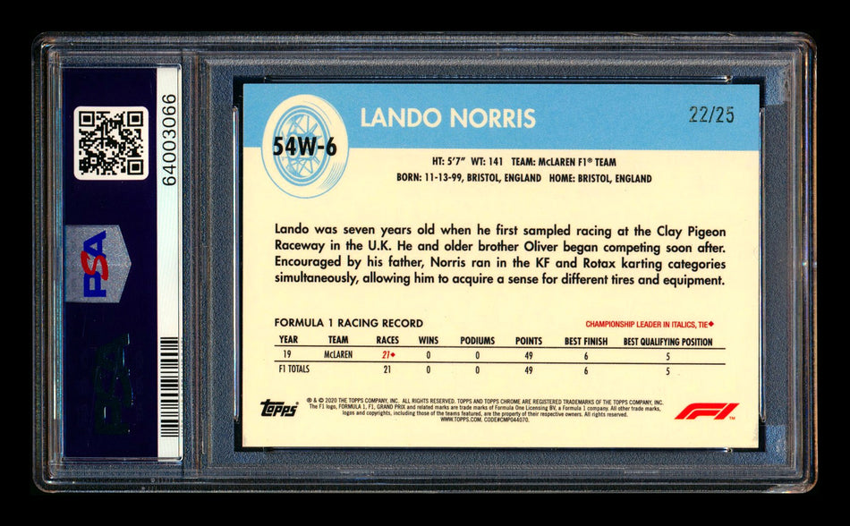 2020 Topps Chrome F1 1954 World on Wheels #54W-6 Lando Norris RC Orange Refractor #22/25 PSA 8