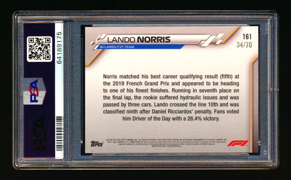2020 Topps Chrome Sapphire F1 #161 Lando Norris RC 70th Silver Refractor #34/70 PSA 10 ** (SOLD - $349.00 - 10/23/2024) **