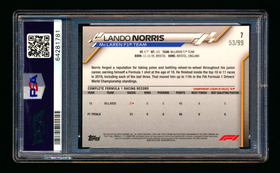 2020 Topps Chrome Sapphire F1 #7 Lando Norris RC Aqua Refractor Image Variation SP #53/99 PSA 10