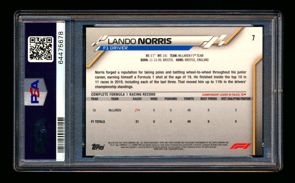 2020 Topps Chrome F1 #7 Lando Norris RC 70th Anniversary Superfractor Portrait PSA 8