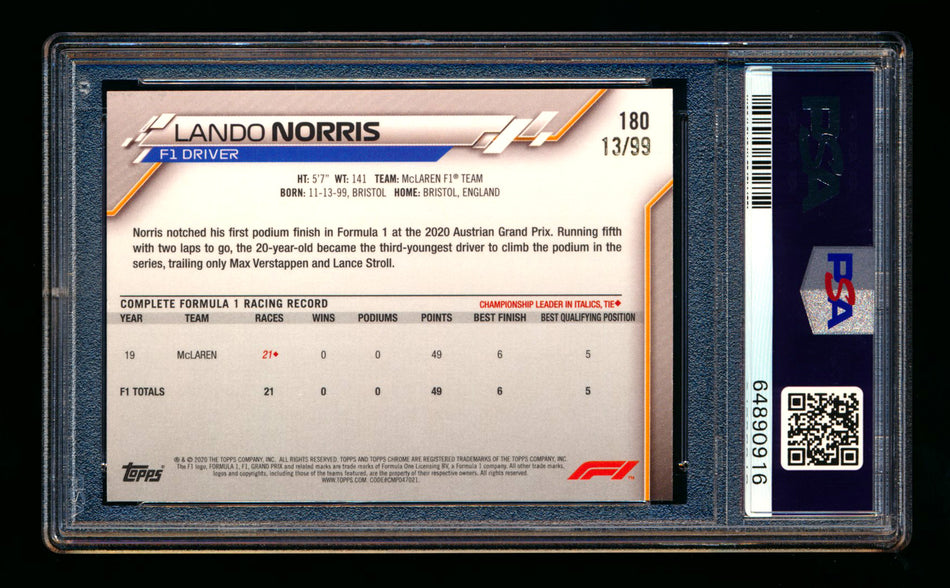 2020 Topps Chrome Sapphire F1 #180 Lando Norris RC Aqua Refractor #13/99 PSA 9 ** (SOLD - $85.00 - 3/7/2025) **