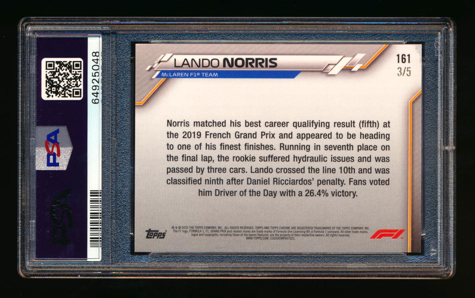 2020 Topps Chrome Sapphire F1 #161 Lando Norris RC Red Refractor #3/5 PSA 9 ** (SOLD - $750.00 - 1/10/2025) **