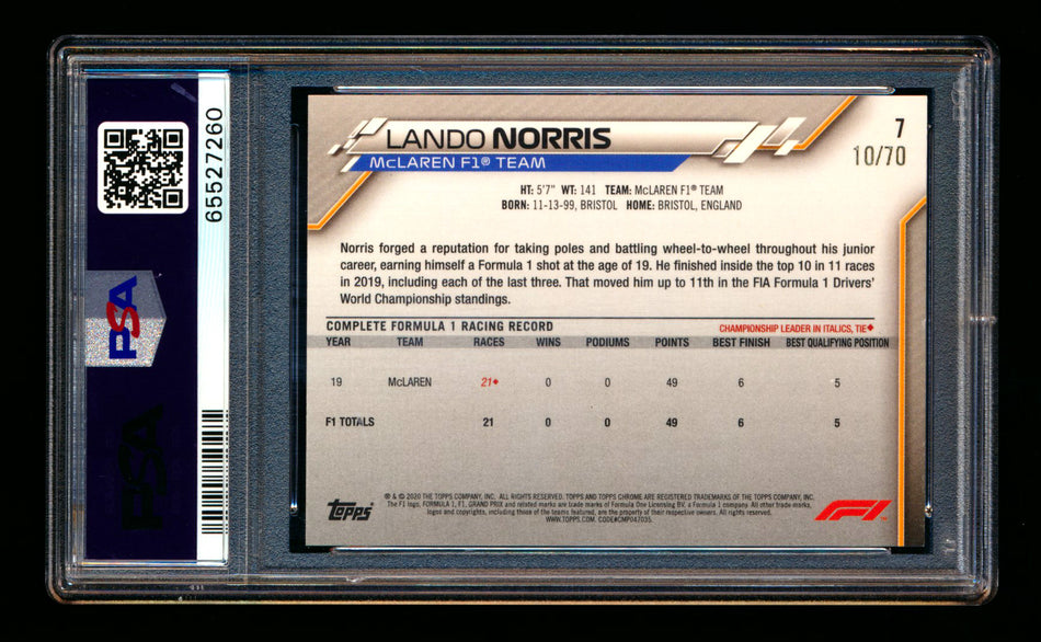 2020 Topps Chrome Sapphire F1 #7 Lando Norris RC 70th Silver Refractor Image Variation SP #10/70 PSA 9