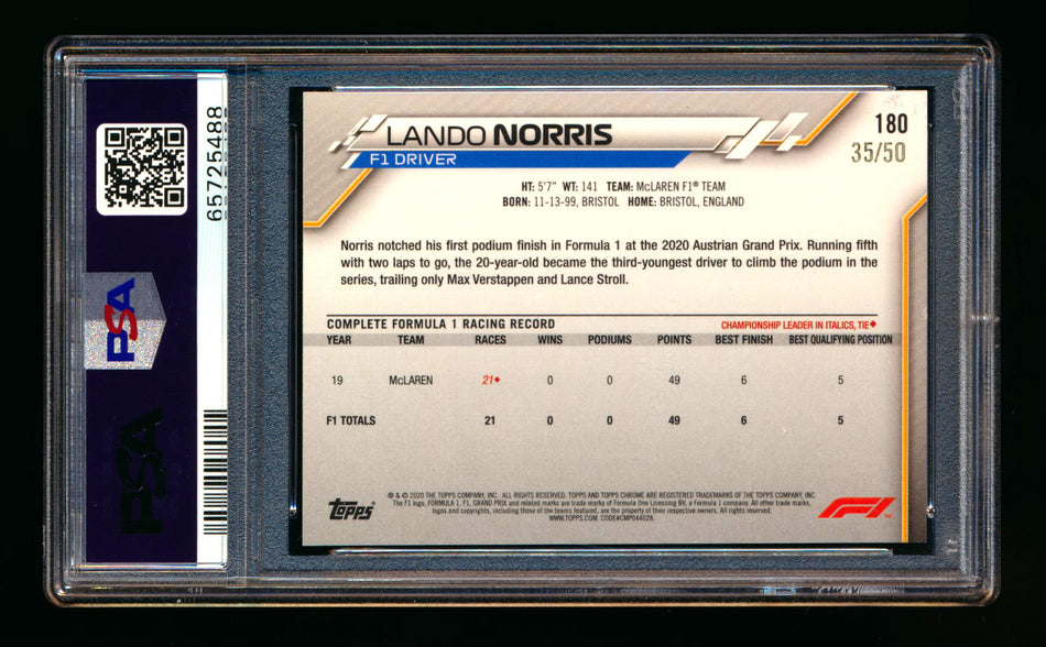 2020 Topps Chrome F1 #180 Lando Norris RC Gold Refractor #35/50 PSA 9 ** (SOLD - $650.00 - 11/22/2025) **