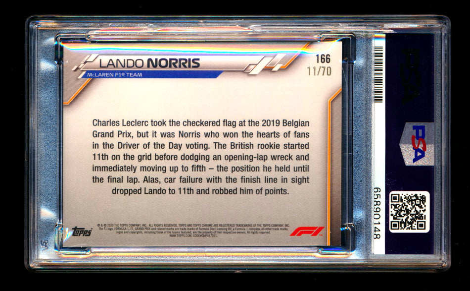 2020 Topps Chrome Sapphire F1 #166 Lando Norris RC 70th Silver Refractor #11/70 PSA 10 - POP 1! ** (SOLD Nationals - $210.00 - 7/31/2025) **
