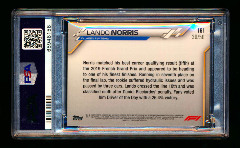 2020 Topps Chrome F1 #161 Lando Norris RC Gold Refractor #30/50 PSA 9