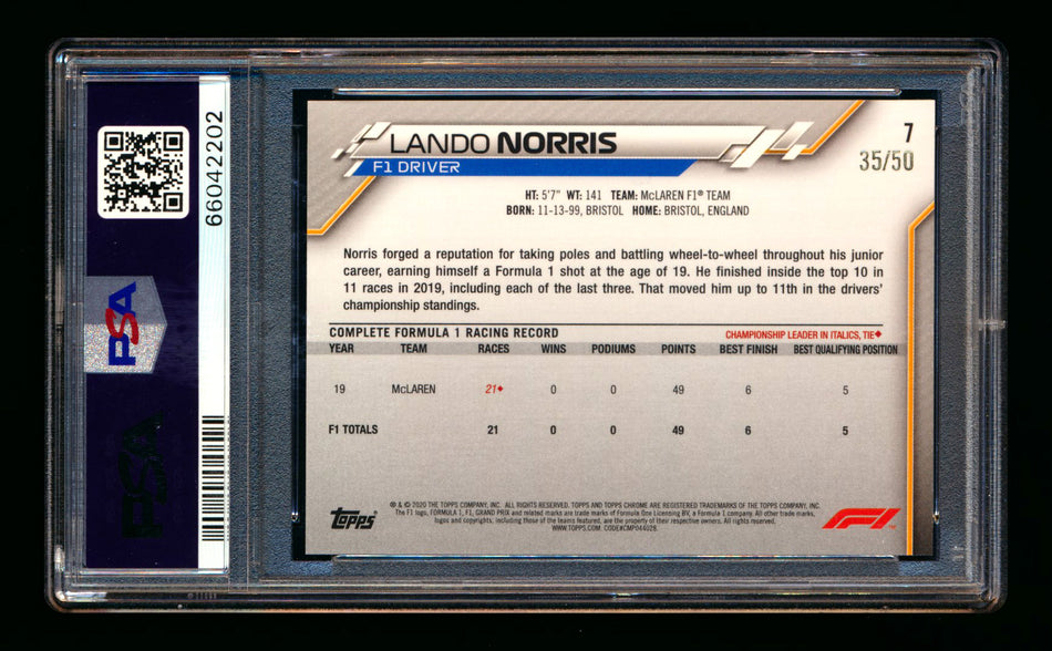 2020 Topps Chrome F1 #7 Lando Norris RC Gold Wave Refractor Portrait #35/50 PSA 8 ** (SOLD - $500.00 - 12/15/2024) **