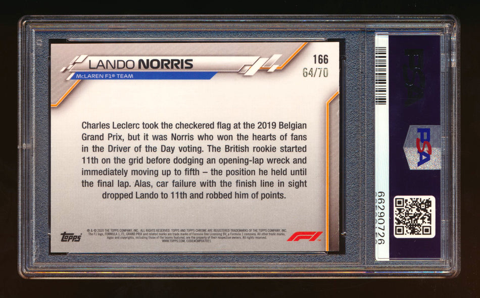 2020 Topps Chrome Sapphire F1 #166 Lando Norris RC 70th Silver Refractor #64/70 PSA 9