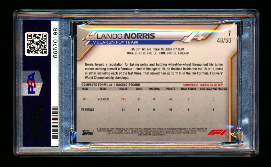 2020 Topps Chrome Sapphire F1 #7 Lando Norris RC Gold Refractor Image Variation SP #48/50 PSA 9