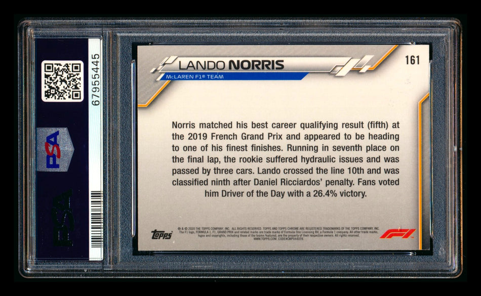 2020 Topps Chrome F1 #161 Lando Norris RC 70th Anniversary Gold Refractor PSA 9