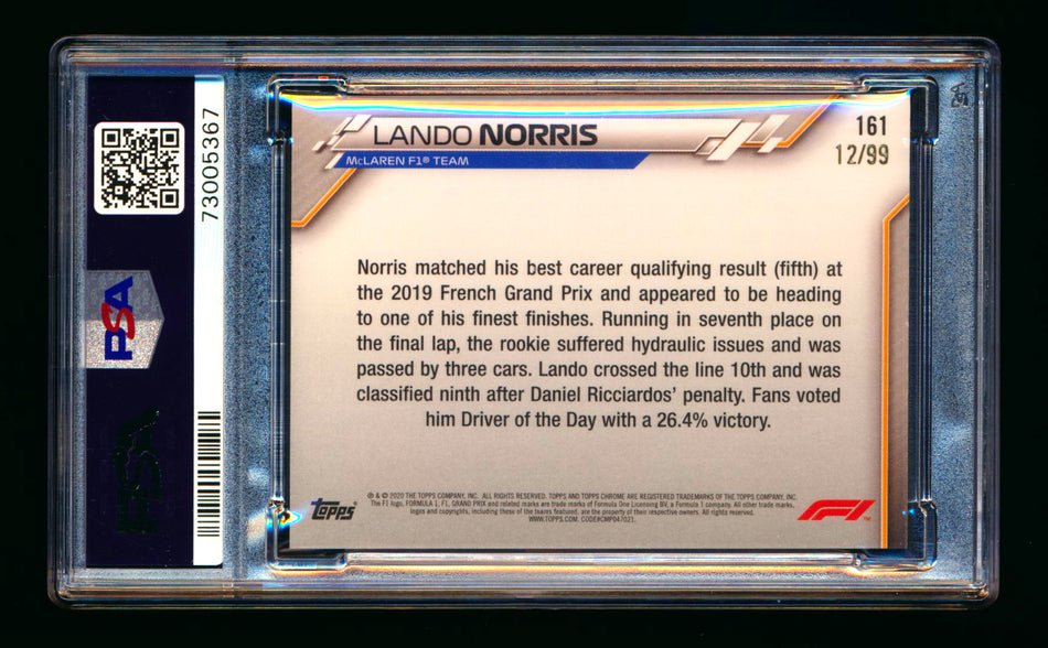 2020 Topps Chrome Sapphire F1 #161 Lando Norris RC Aqua Refractor #12/99 PSA 7 ** (SOLD eBay - $40.00 - 12/31/2024) **
