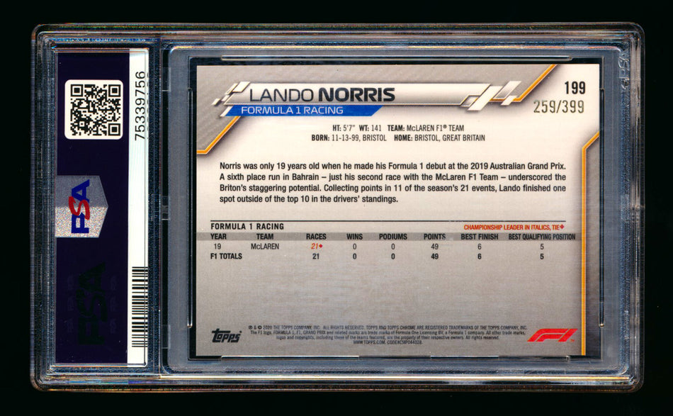 2020 Topps Chrome F1 #199 Lando Norris RC Purple Refractor #259/399 PSA 9