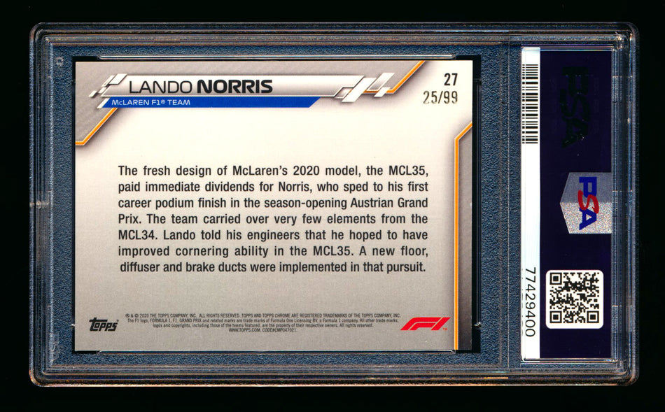2020 Topps Chrome Sapphire F1 #27 Lando Norris RC Aqua Refractor #25/99 PSA 9 ** (SOLD Nationals - $70.00 - 7/31/2025) **