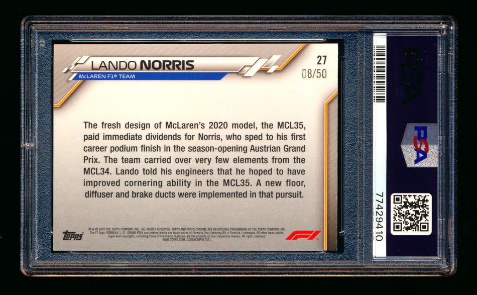 2020 Topps Chrome Sapphire F1 #27 Lando Norris RC Gold Refractor #08/50 PSA 9 ** (SOLD Nationals - $145.00 - 8/1/2025) **