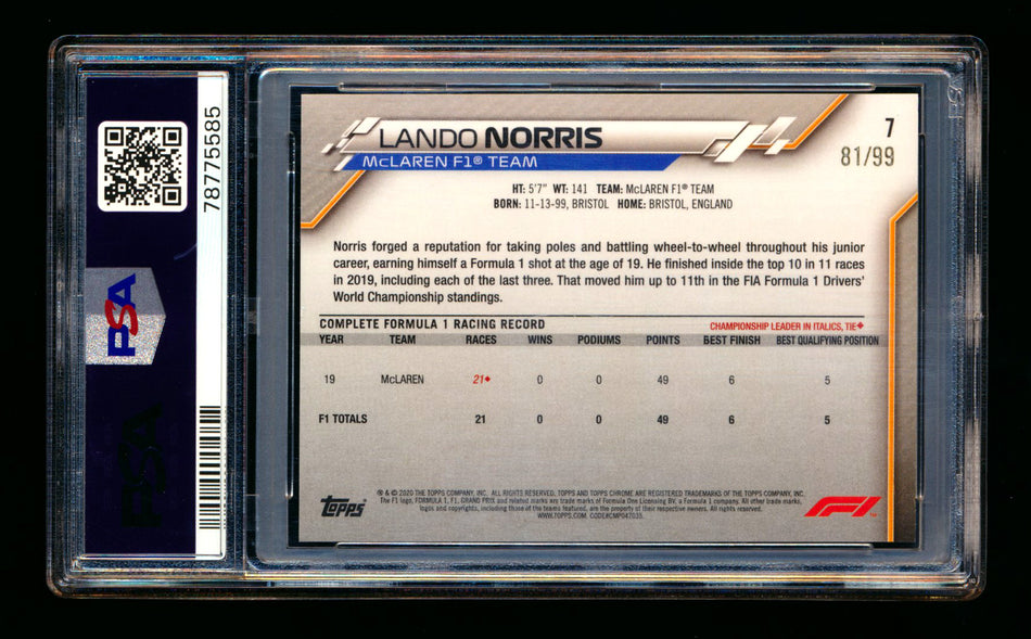 2020 Topps Chrome Sapphire F1 #7 Lando Norris RC Aqua Refractor Image Variation SP #81/99 PSA 9 ** (SOLD WCCS - $460.00 - 8/22/2025) **