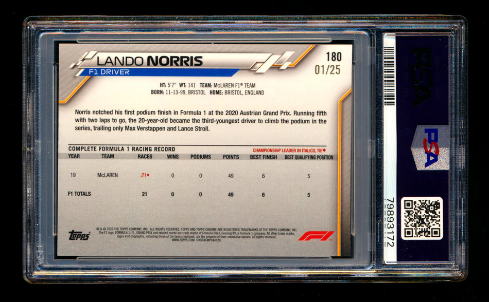 2020 Topps Chrome F1 #180 Lando Norris RC Orange Wave Refractor #01/25 PSA 9 (First #!)