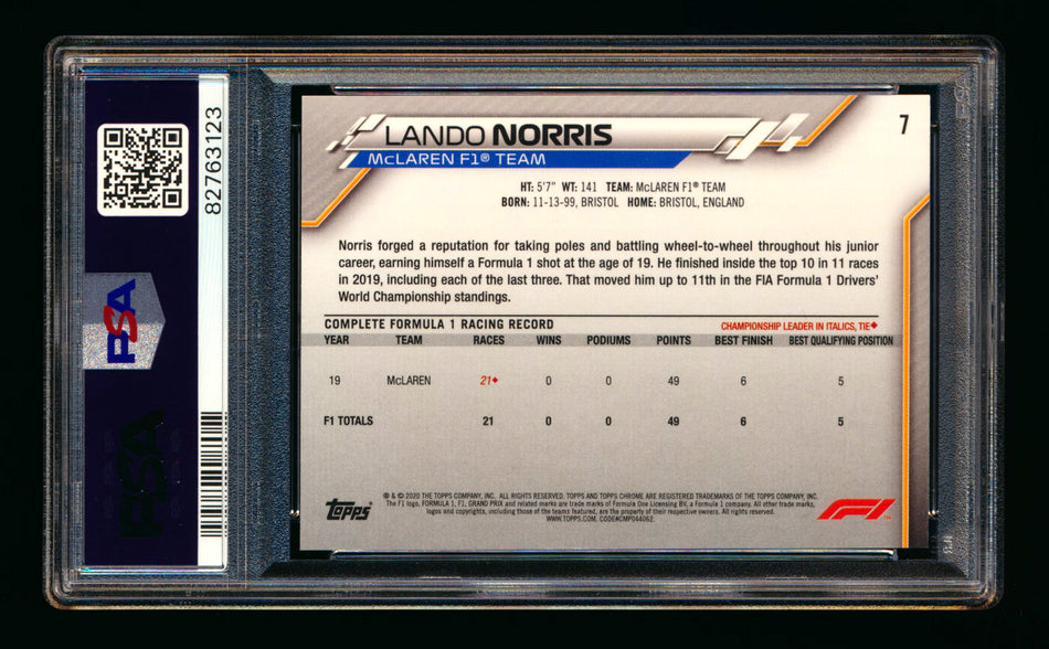 2020 Topps Chrome F1 #7 Lando Norris RC Refractor Image Variation SP PSA 10 ** (SOLD eBay - $850.00 - 1/20/2025) **