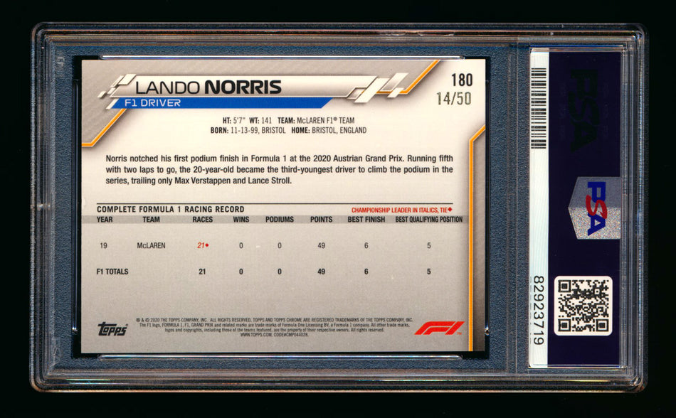 2020 Topps Chrome F1 #180 Lando Norris RC Gold Refractor #14/50 PSA 8