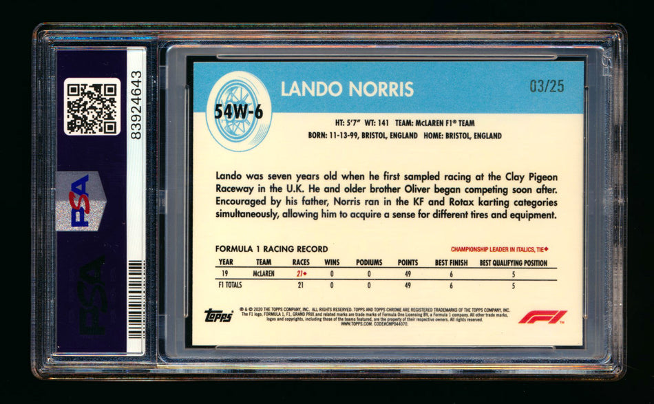 2020 Topps Chrome F1 1954 World on Wheels #54W-6 Lando Norris RC Orange Refractor #03/25 PSA 9 ** (SOLD - $600.00 - 1/2/2025) **