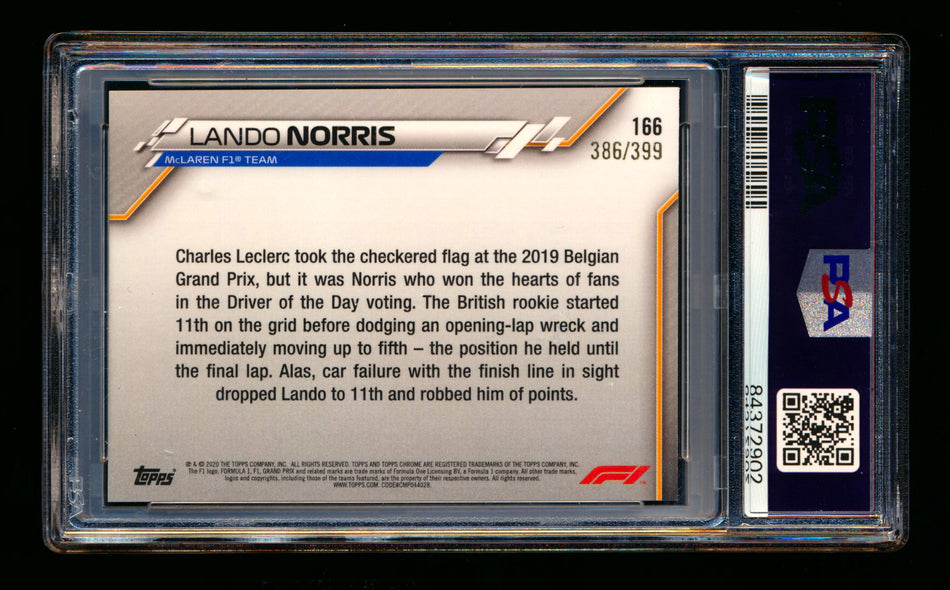 2020 Topps Chrome F1 #166 Lando Norris RC Purple Refractor #386/399 PSA 10