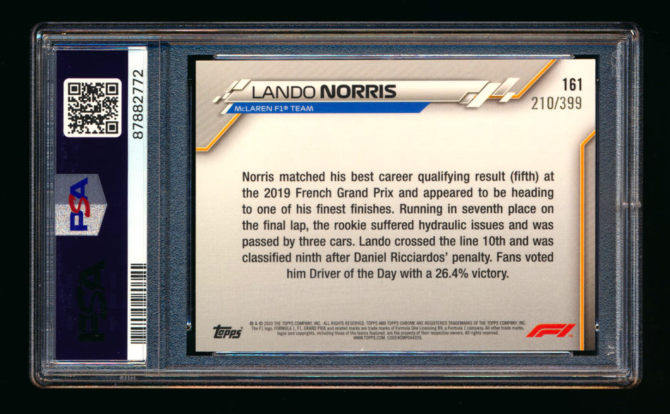 2020 Topps Chrome F1 #161 Lando Norris RC Purple Refractor #210/399 PSA 10 ** (SOLD - $149.00 - 10/23/2024) **