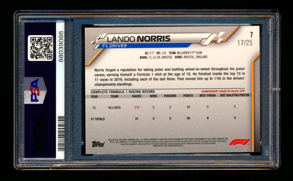 2020 Topps Chrome F1 #7 Lando Norris RC Orange Wave Refractor Portrait #17/25 PSA 8 ** (SOLD - $900.00 - 1/4/2025) **