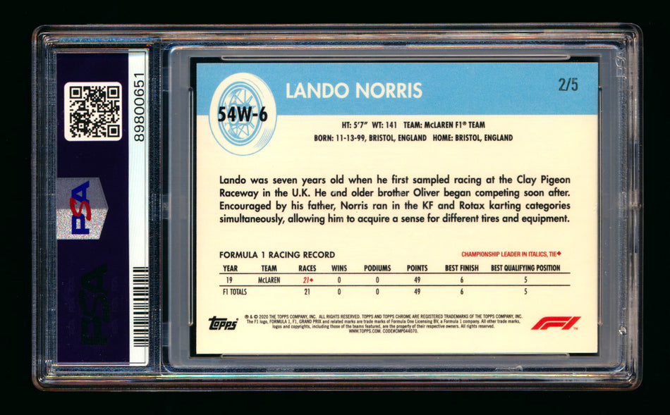 2020 Topps Chrome F1 1954 World on Wheels #54W-6 Lando Norris RC Red Refractor #2/5 PSA 8