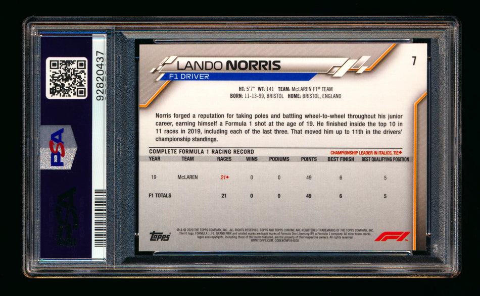 2020 Topps Chrome F1 #7 Lando Norris RC Portrait PSA 10