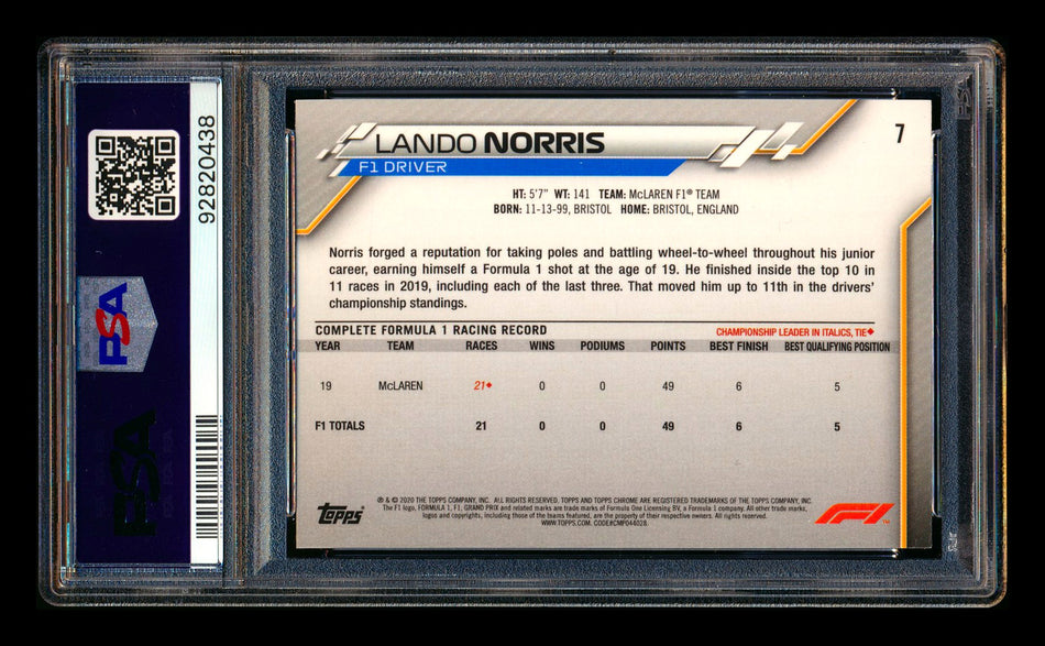 2020 Topps Chrome F1 #7 Lando Norris RC Portrait PSA 10