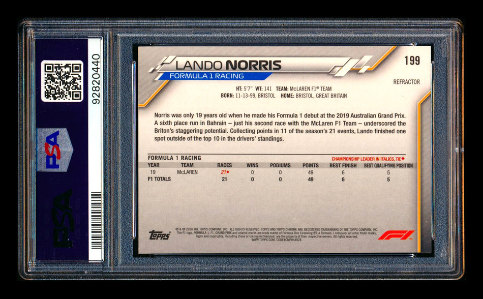 2020 Topps Chrome F1 #199 Lando Norris RC Refractor Freshest PSA 10