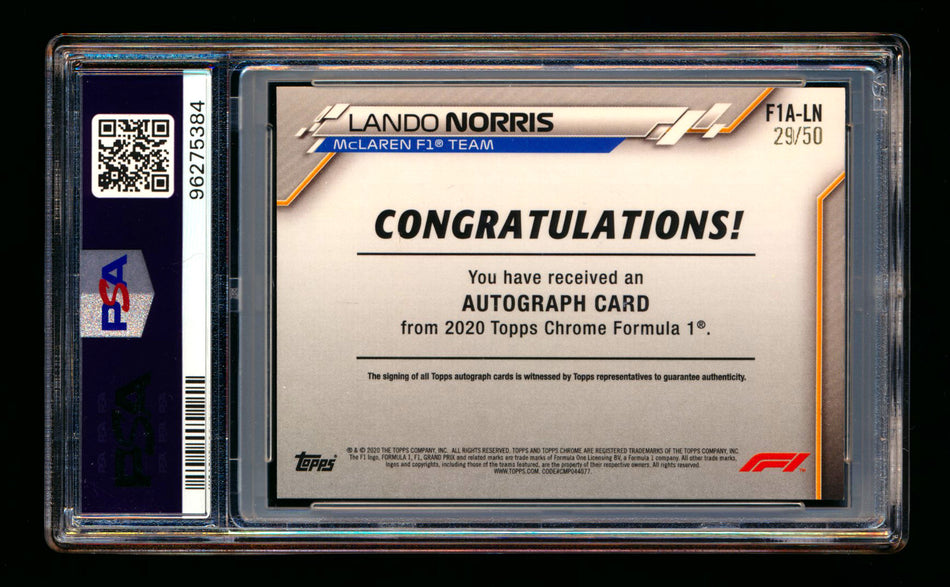 2020 Topps Chrome F1 #F1A-LN Lando Norris RC Gold Wave Refractor Autograph #29/50 PSA 8