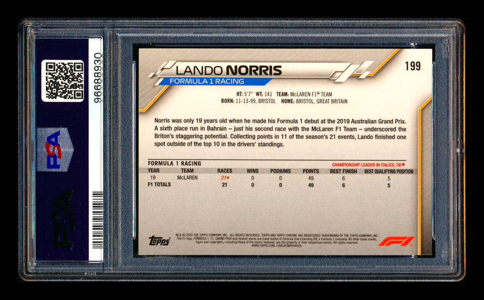 2020 Topps Chrome F1 #199 Lando Norris RC Freshest PSA 10