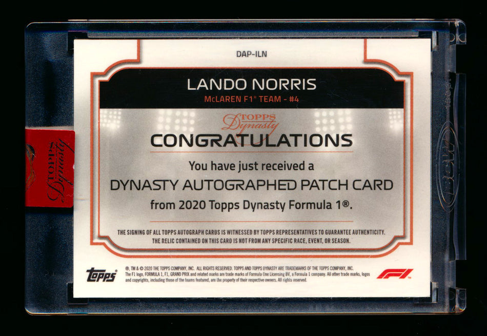 2020 Topps Dynasty F1 #DAP-ILN Lando Norris ROOKIE Patch Autograph #10/10 (Last Number!) ** (SOLD - $3200.00 - 3/1/2025) **