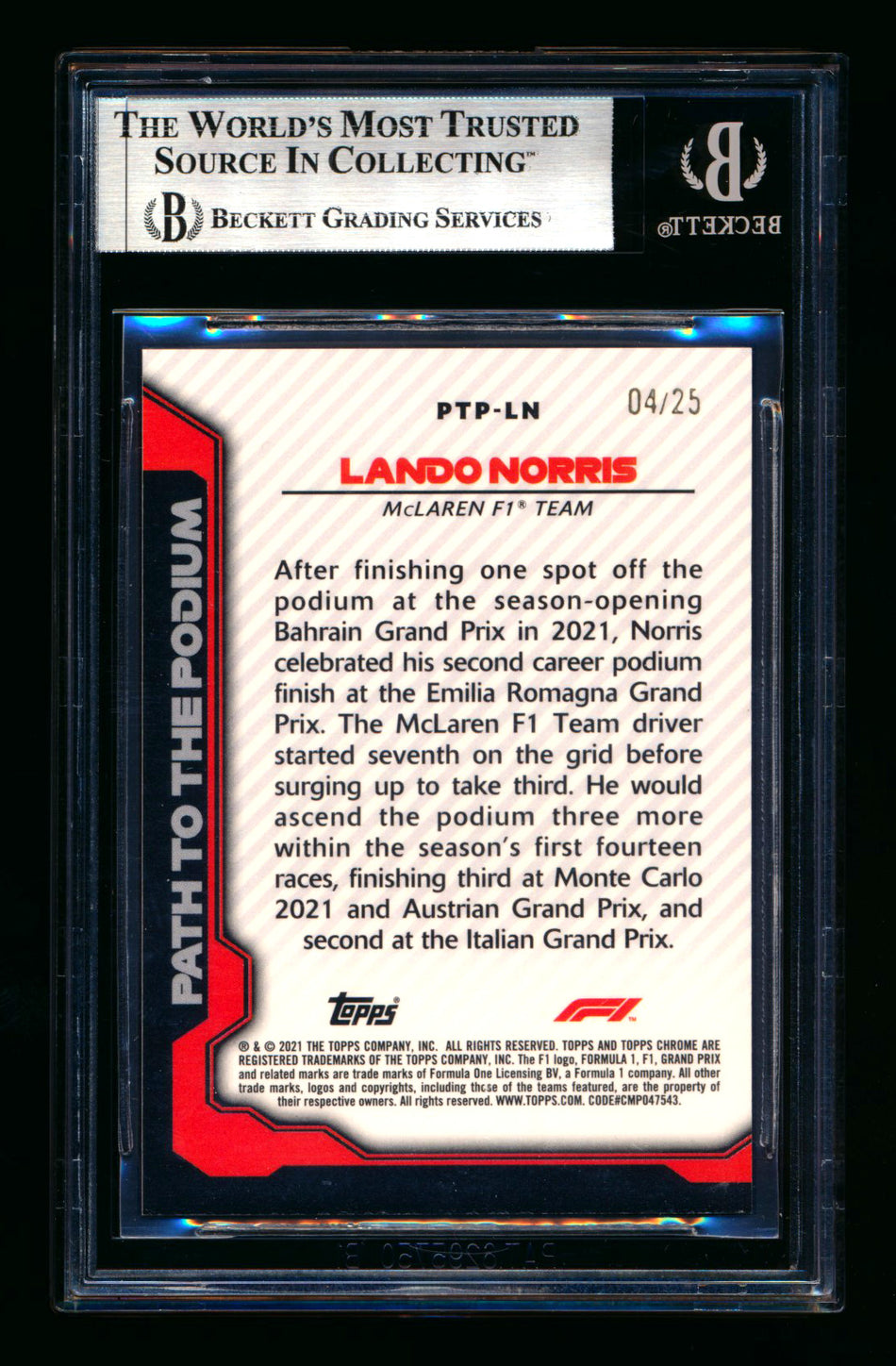 2021 Topps Chrome F1 Path To The Podium #PTP-LN Lando Norris Orange Refractor #04/25 BGS 9 (Car Number #4!)