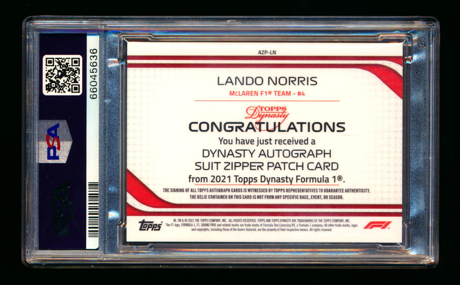 2021 Topps Dynasty F1 #AZP-LN Lando Norris Zipper Patch Autograph #04/10 PSA 10 Gem Mint DNA 10 (Car Number #4!)