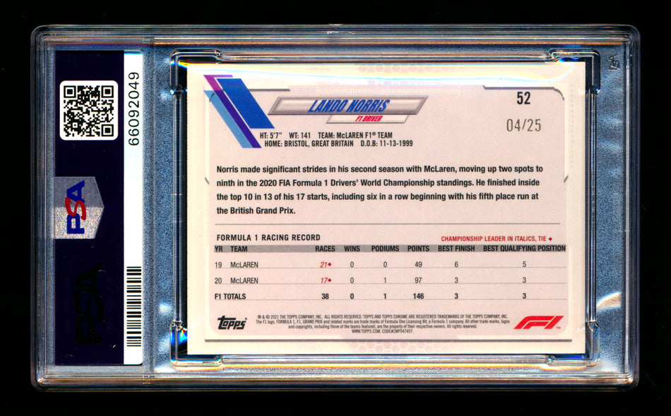 2021 Topps Chrome F1 #52 Lando Norris Orange Wave Refractor #04/25 PSA 9 (Car Number #4!) ** (SOLD eBay - $95.00 - 3/21/2025) **
