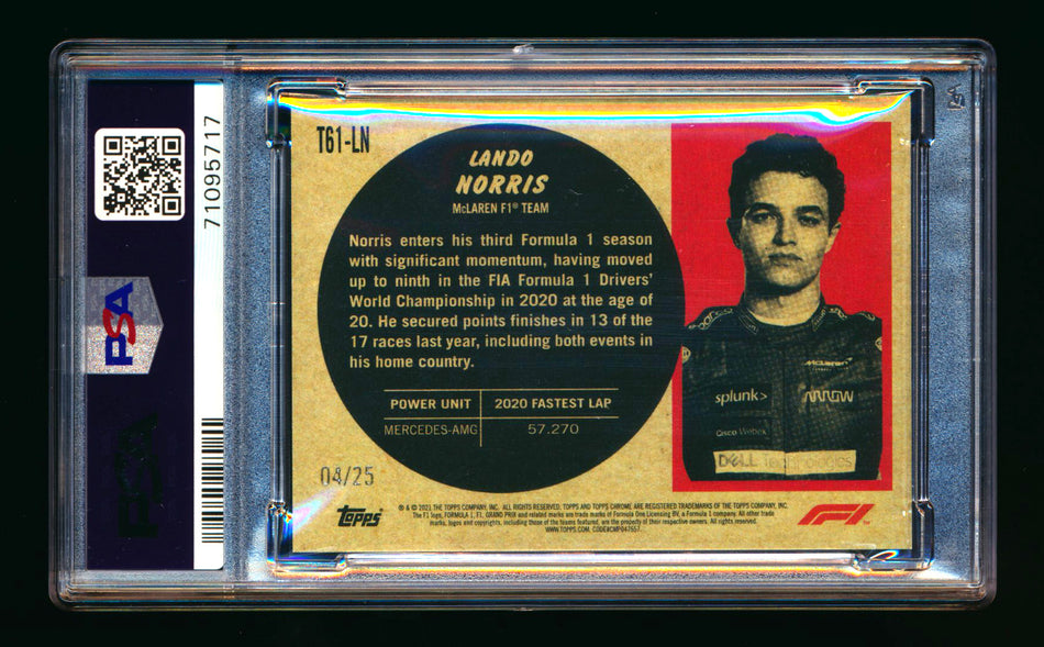 2021 Topps Chrome F1 1961 Sports Cars #T61-LN Lando Norris Orange Refractor #04/25 PSA 9 (Car Number #4!)