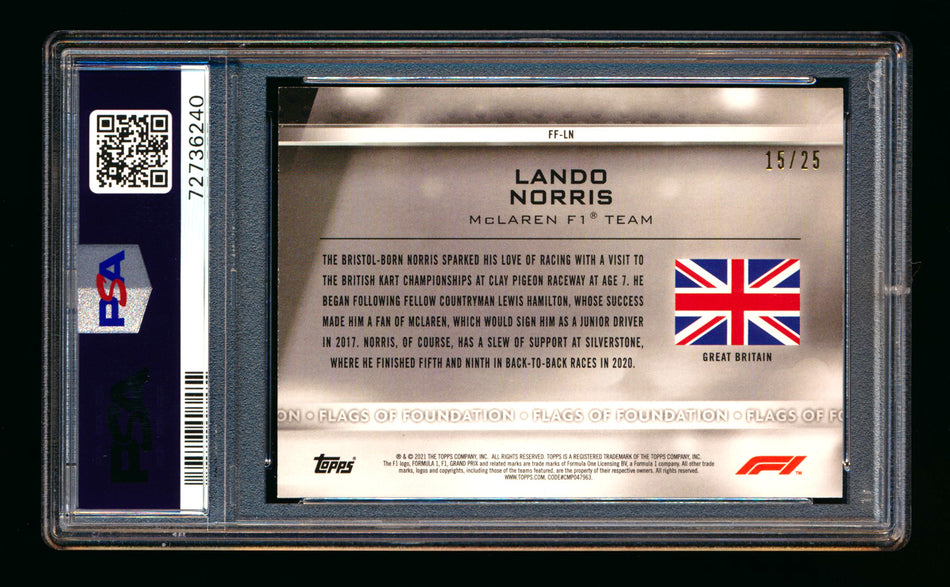 2021 Topps F1 Flags Of Foundation #FF-LN Lando Norris Orange Parallel #15/25 PSA 9