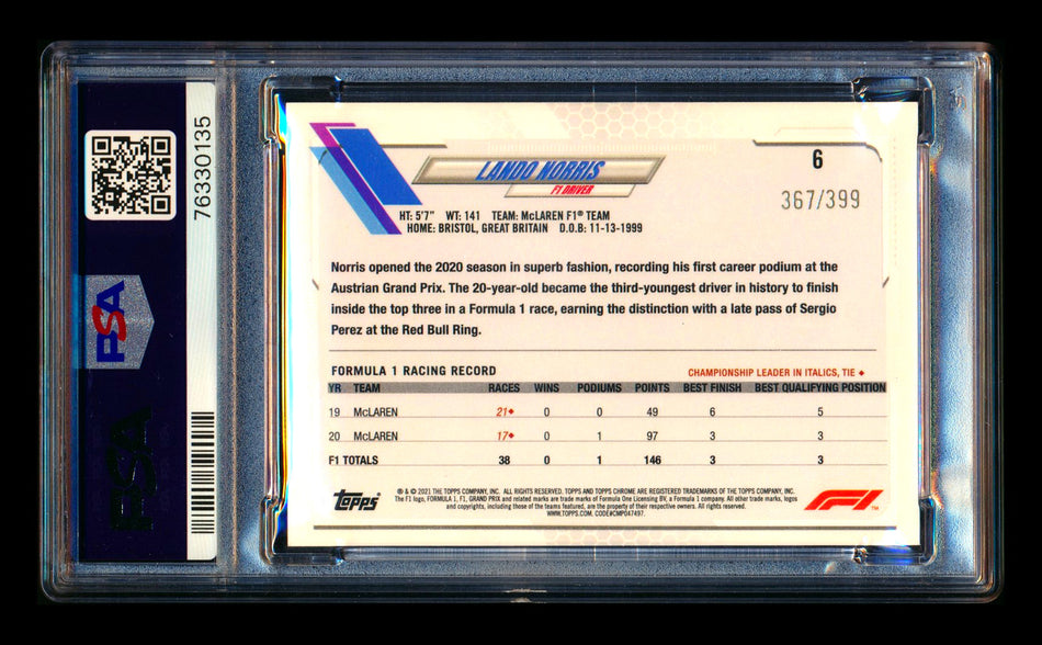 2021 Topps Chrome F1 #6 Lando Norris Purple Refractor Portrait #367/399 PSA 10