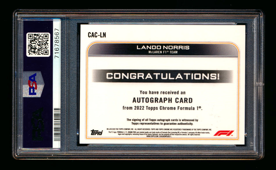 2022 Topps Chrome F1 #CAC-LN Lando Norris Refractor Autograph PSA 9