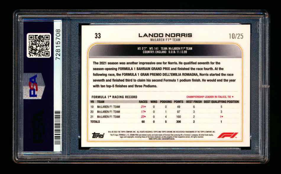 2022 Topps Chrome F1 #33 Lando Norris Orange Refractor Portrait #10/25 PSA 9 ** (SOLD eBay - $200.00 - 10/11/2025) **