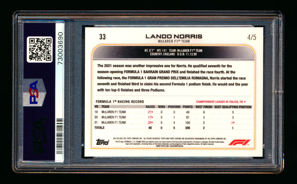 2022 Topps Chrome F1 #33 Lando Norris Red Raywave Refractor Portrait #4/5 PSA 9 (Car Number #4)