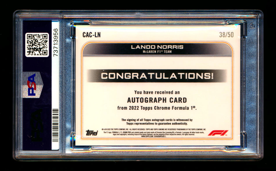 2022 Topps Chrome F1 #CAC-LN Lando Norris Gold Wave Refractor Autograph #38/50 PSA 9